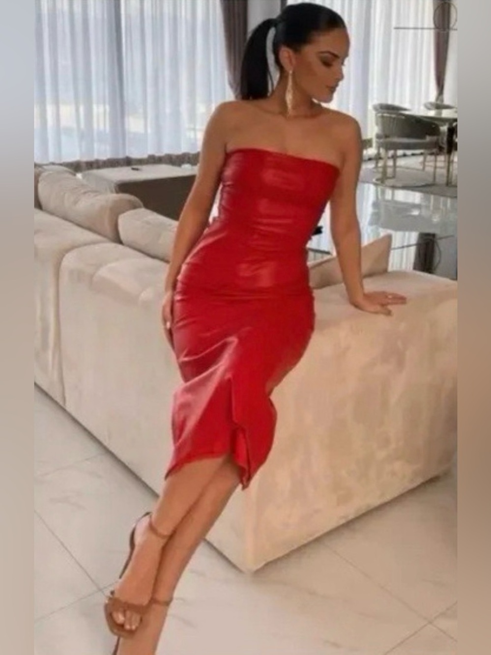 Zara / NWT Red Faux Leather Strapless Midi Dress Viral